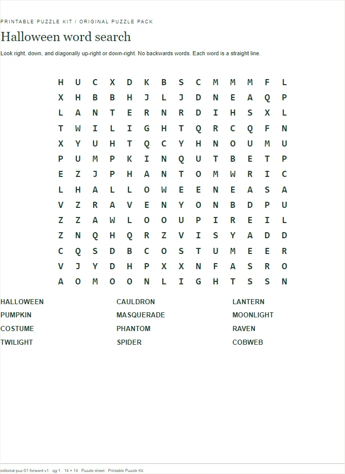 Halloween word search printable page.