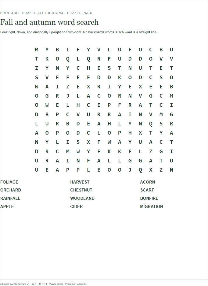 Fall and autumn word search printable page.