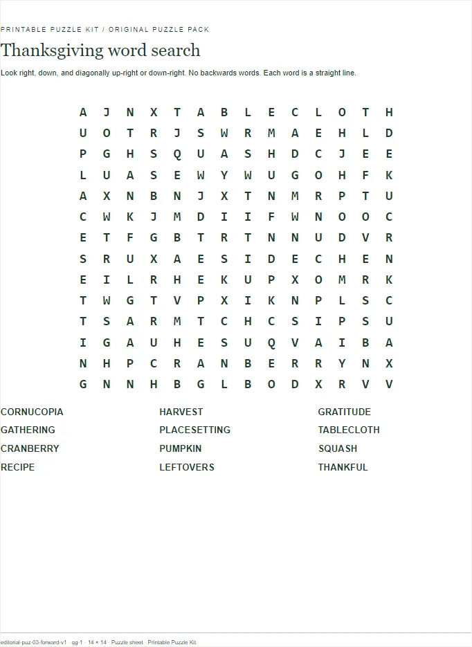 Thanksgiving word search printable page.