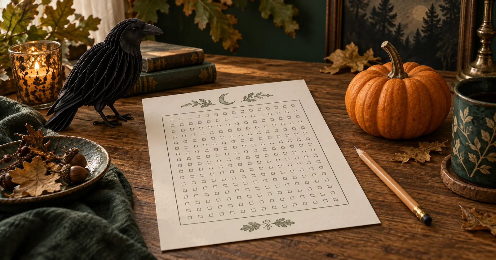 A pumpkin, black paper raven and pencil beside an unlettered puzzle sheet on an autumn table.