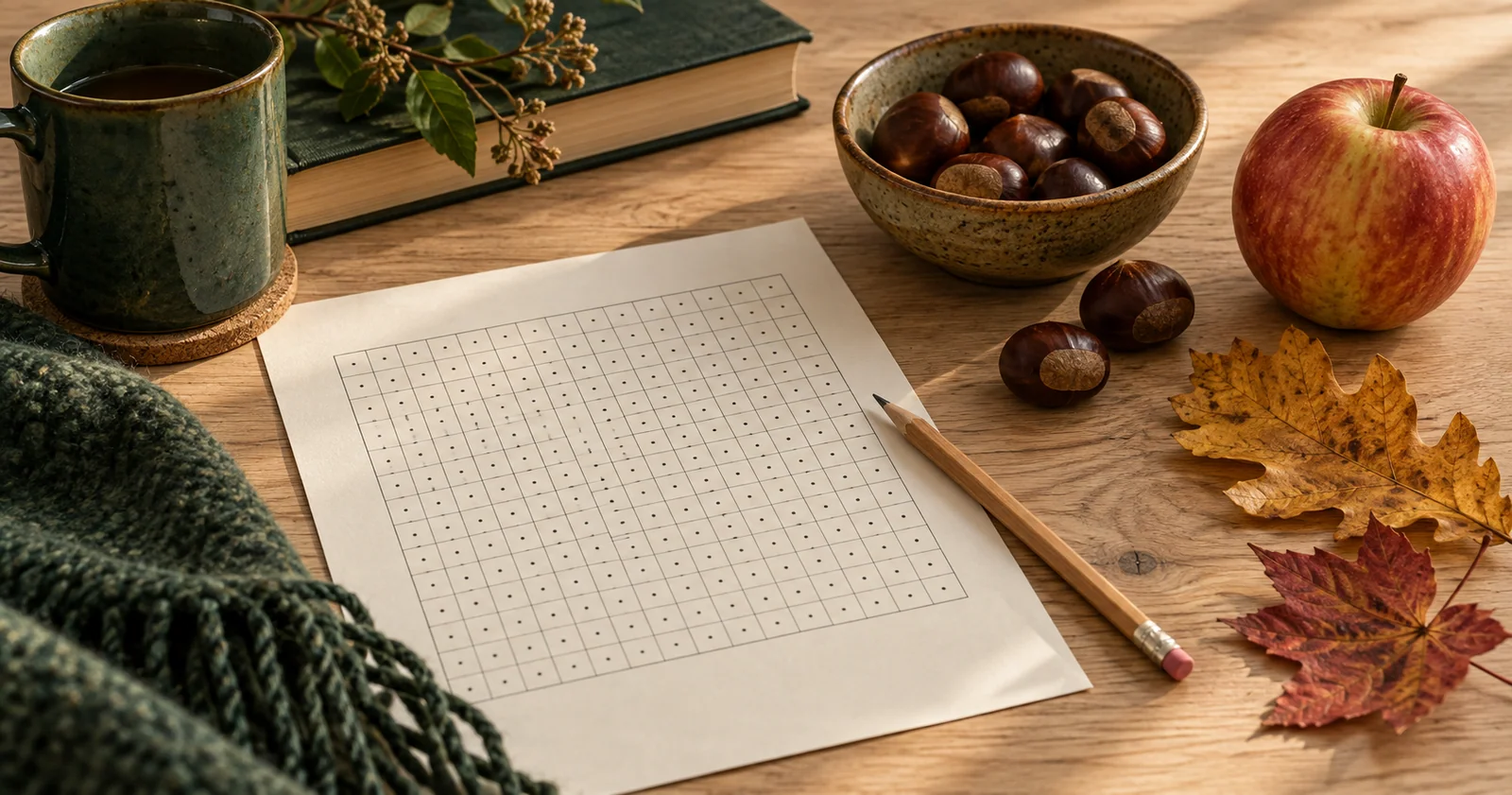 An apple, chestnuts and autumn leaves beside a pencil and unlettered grid on a wooden table.