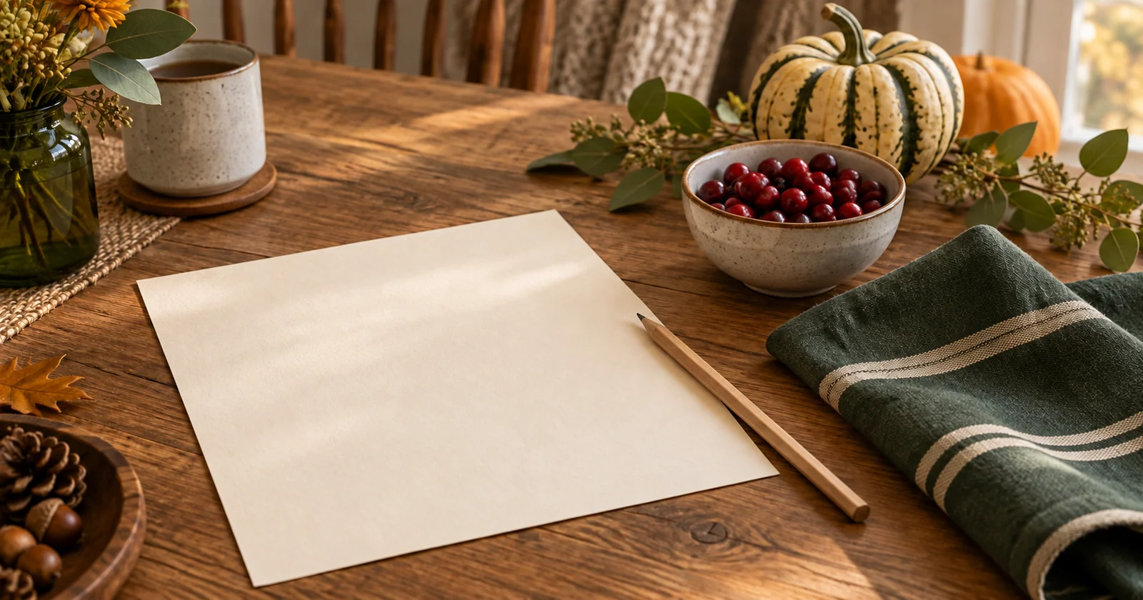 A blank cream sheet and pencil beside cranberries, squash and a folded green napkin.